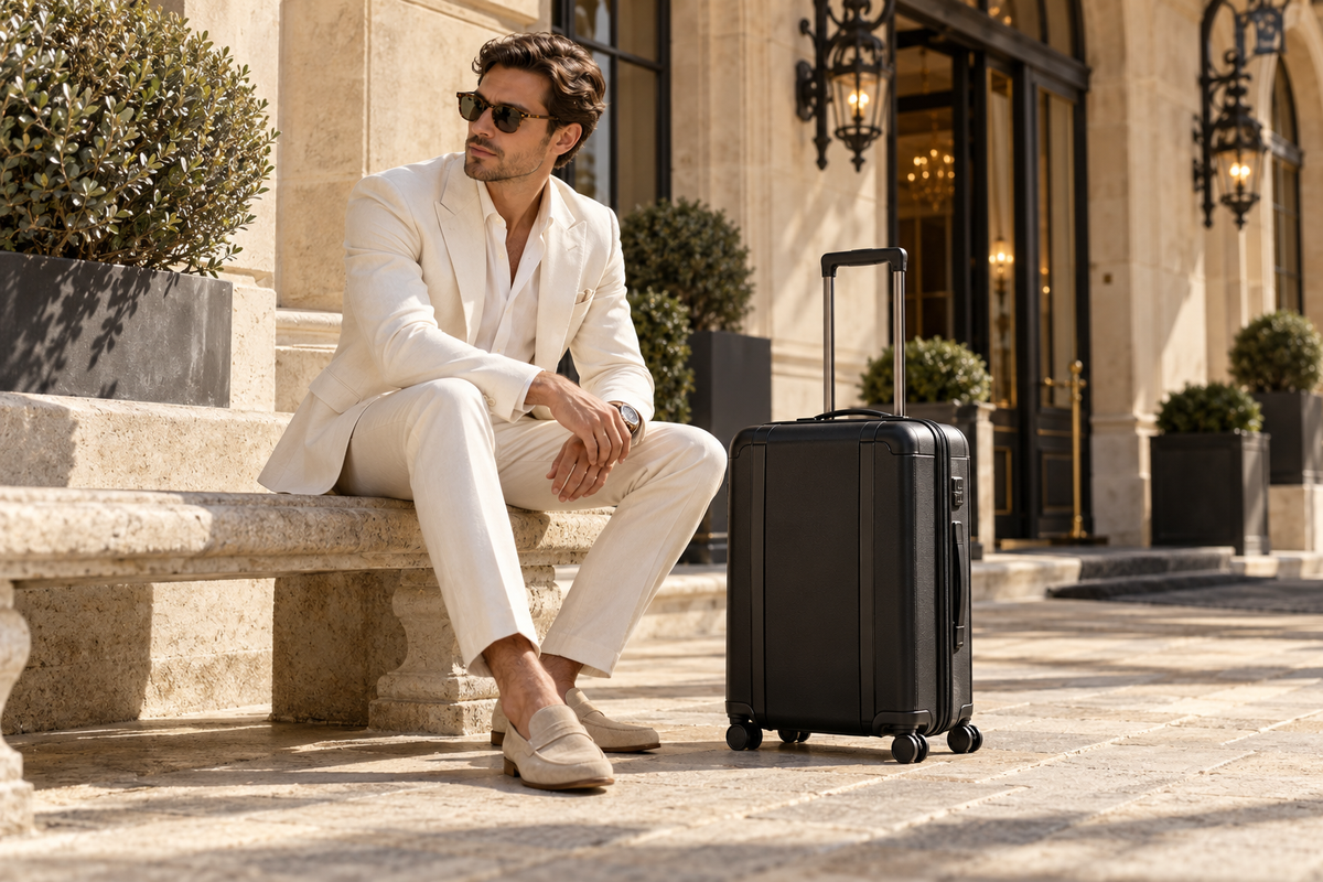 Visuel de présentation : mannequin avec une valise dans un décor élégant