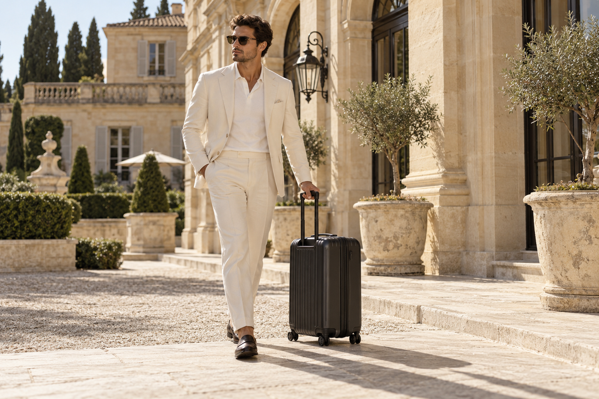 Visuel de présentation : mannequin avec une valise dans un décor élégant