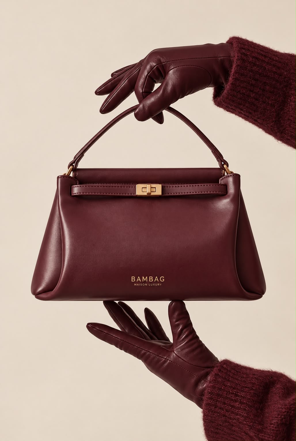 Sac BAMBAG bordeaux tenu par des mains gantées, sur fond beige